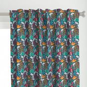 Small scale // Dinos playing hide-and-go-seek // blue background red orange green and teal dinosaurs