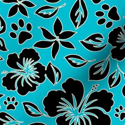 Paw Print Hawaiian Hibiscus - Turquoise blue