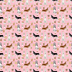 TINY - husky fabric siberian huskies and coffees fabric dogs design - pink