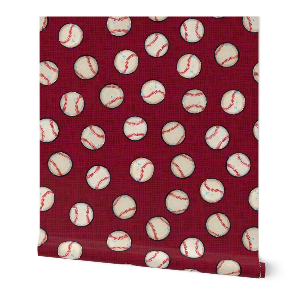 Baseball Balls on Red Linen Look - Sandlot Sports Collection