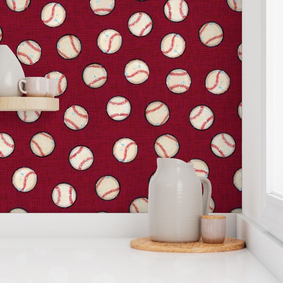 Baseball Balls on Red Linen Look - Sandlot Sports Collection