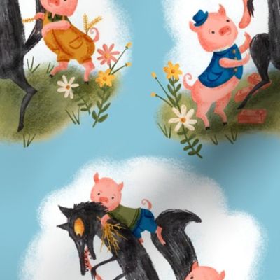 The Three Little Pigs ~ on Light Blue