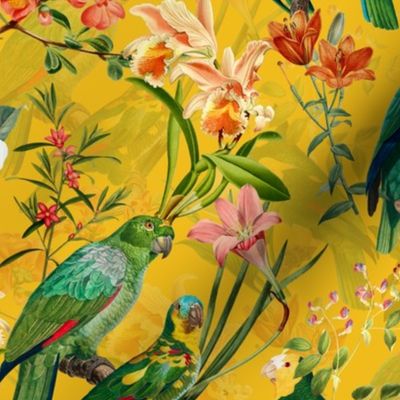 10" Pierre-Joseph Redouté tropicals Lush hawaiian tropical vintage parrot Jungle summer paradise in sunny yellow