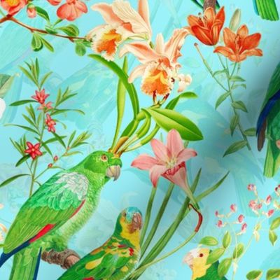 10" Pierre-Joseph Redouté tropicals Lush hawaiian tropical vintage parrot Jungle summer paradise in fresh turquoise