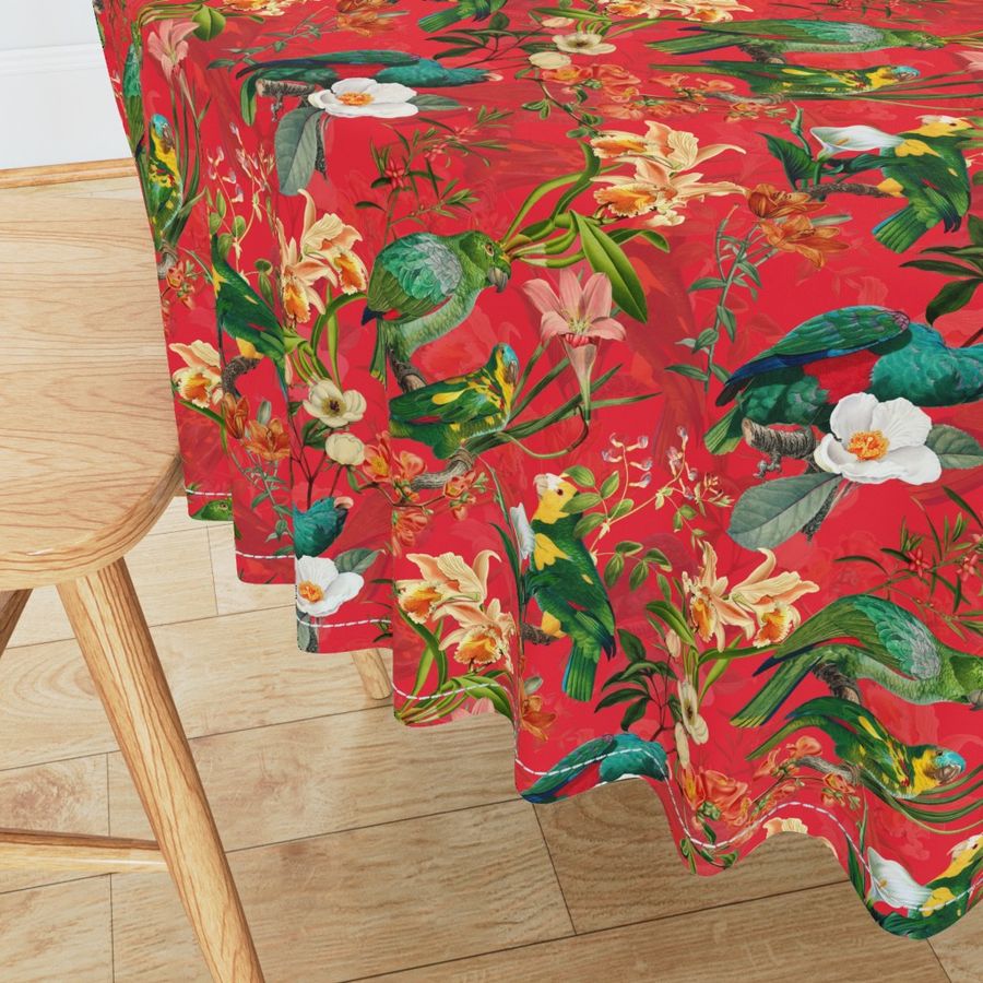 10" Pierre-Joseph Redouté tropicals Lush hawaiian tropical vintage parrot Jungle summer paradise in fiery red