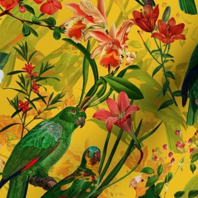 10" Pierre-Joseph Redouté tropicals Lush hawaiian tropical vintage parrot Jungle summer paradise in dark yellow