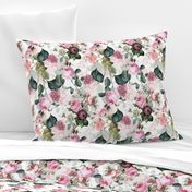 10" Pierre-Joseph Redouté- Pierre-Joseph Redoute- Redouté fabric,Roses fabric-Redoute roses-- Victorian Moody Flowers Blush Roses, Lilacs and Hydrangea Bouquet - Redoute fabric, double layer on white