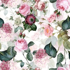 10" Pierre-Joseph Redouté- Pierre-Joseph Redoute- Redouté fabric,Roses fabric-Redoute roses-- Victorian Moody Flowers Blush Roses, Lilacs and Hydrangea Bouquet - Redoute fabric, double layer on white