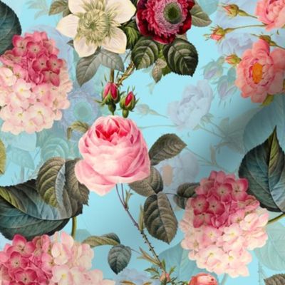 10" Pierre-Joseph Redouté Roses, Victorian Moody English Pink Blush Roses,blue 