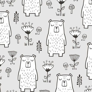 Bear with Flowers Woodland Black & White on Very Light Grey