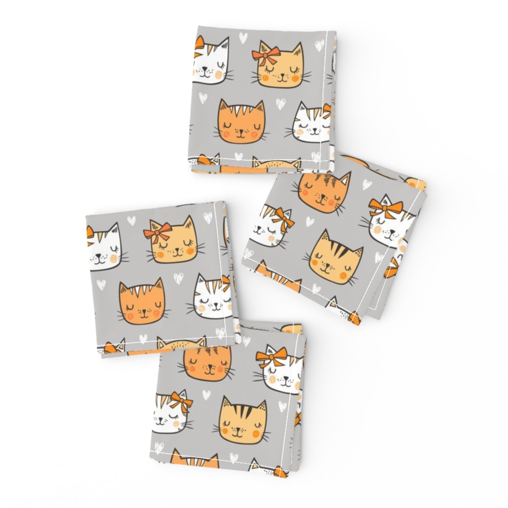 Orange Cat Cats  Faces with Bows and Hearts on Grey