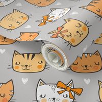 Orange Cat Cats  Faces with Bows and Hearts on Grey