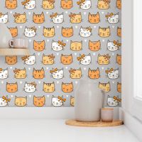 Orange Cat Cats  Faces with Bows and Hearts on Grey