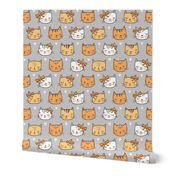 Orange Cat Cats  Faces with Bows and Hearts on Grey