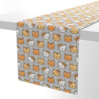 Orange Cat Cats  Faces with Bows and Hearts on Grey