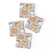 Orange Cat Cats  Faces with Bows and Hearts on Grey