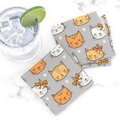 Orange Cat Cats  Faces with Bows and Hearts on Grey