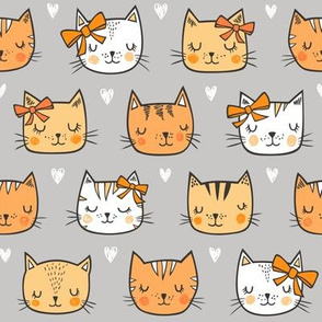 Orange Cat Cats  Faces with Bows and Hearts on Grey