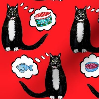  Tuxedo cats on red with tongues out dreaming of Christmas gifts