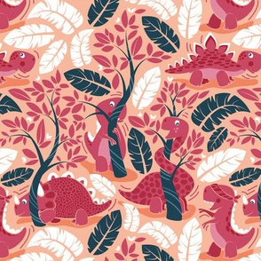 Small scale // Dinos playing hide-and-go-seek // coral background red dinosaurs