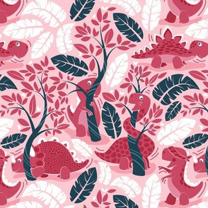 Small scale // Dinos playing hide-and-go-seek // pink background red dinosaurs