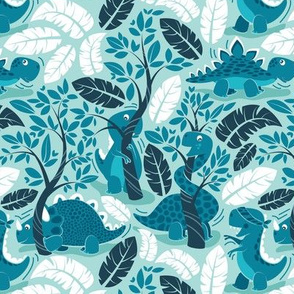 Small scale // Dinos playing hide-and-go-seek // aqua background teal dinosaurs