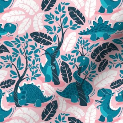 Small scale // Dinos playing hide-and-go-seek // pink background teal dinosaurs