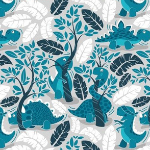 Small scale // Dinos playing hide-and-go-seek // grey background teal dinosaurs