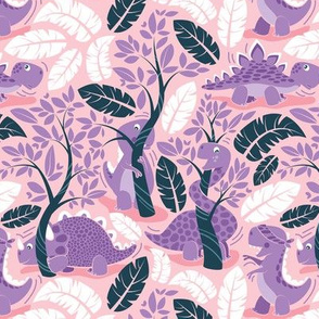 Small scale // Dinos playing hide-and-go-seek // pink background violet dinosaurs