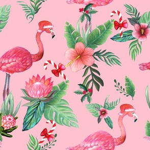 Pink Flamingo Santa with candy canes and tropical flowers