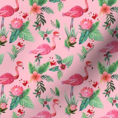 Christmas Flamingo // Pink Flamingo Santa with candy canes and tropical flowers