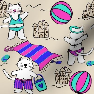 Silly Cats at the Beach /Pink Blue Turquoise Sand  