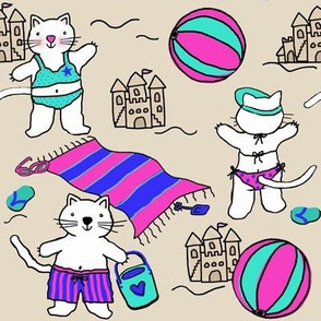 Silly Cats at the Beach /Pink Blue Turquoise Sand  