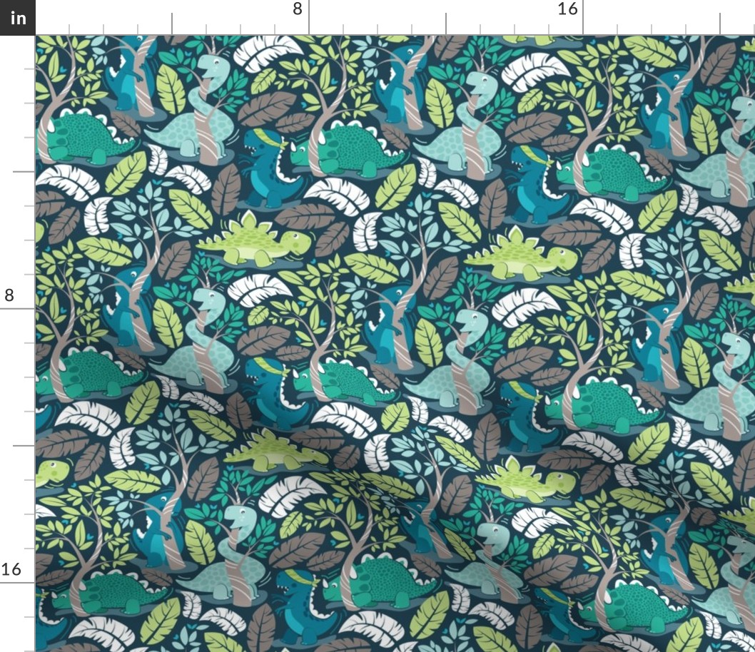 Small scale // Dinos playing hide-and-go-seek // blue background aqua teal and green dinosaurs