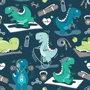 Small scale // Fitness exercises for a dino // dark blue background aqua teal and green t-rex dinosaurs