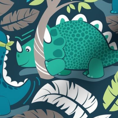 Normal scale // Dinos playing hide-and-go-seek // blue background aqua teal and green dinosaurs