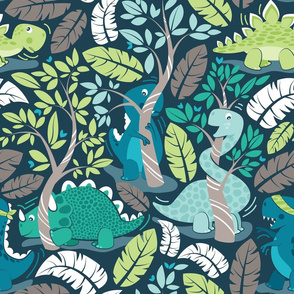 Normal scale // Dinos playing hide-and-go-seek // blue background aqua teal and green dinosaurs