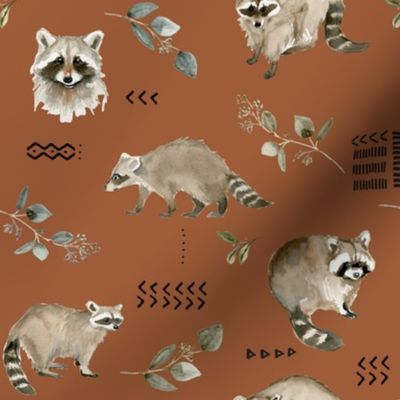 Watercolor Raccoons and Mudcloth // Sepia