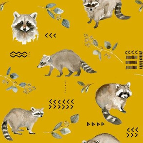 Watercolor Raccoons and Mudcloth // Corn
