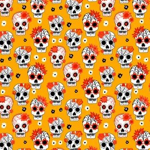SMALL -sugar skulls fabric - marigold fabric, day of the dead fabric, mexico folk fabric - marigold
