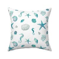 Coral reef aquatic critters in turquoise starfish seashells seahorse