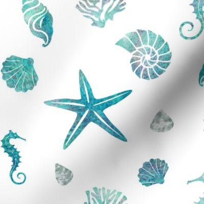 Coral reef aquatic critters in turquoise starfish seashells seahorse