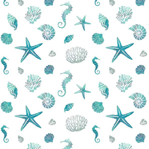 Coral reef aquatic critters in turquoise starfish seashells seahorse