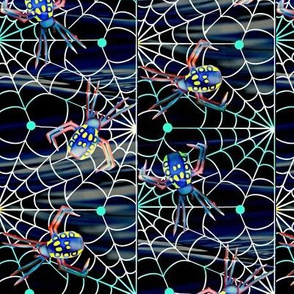 Eerie Arachnid  Eight legged fright  -Corn Spider -The dark web  Multicolored on Black with Ghost Webbing   