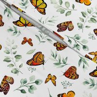 Monarch Butterflies and Botanical Leaves // White
