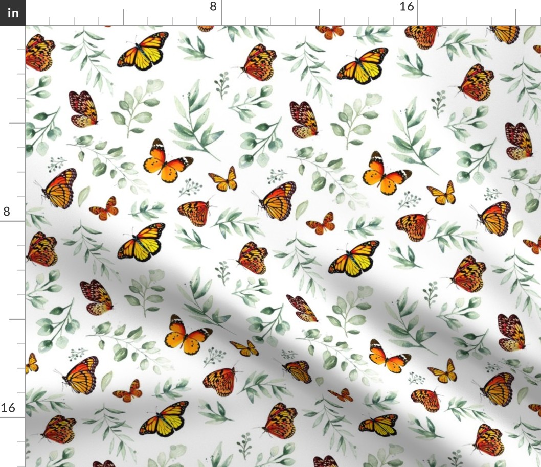 Monarch Butterflies and Botanical Leaves // White