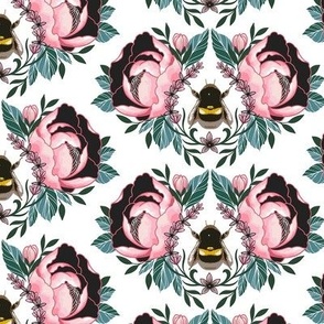 Bumble Bee and Peonies | Romantic Pink and White Floral 