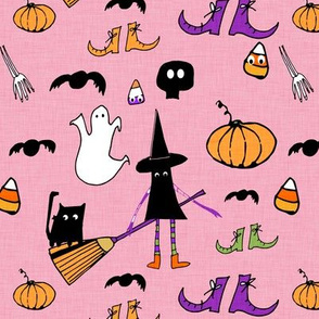 Halloween Cute Witch With Broom Pink