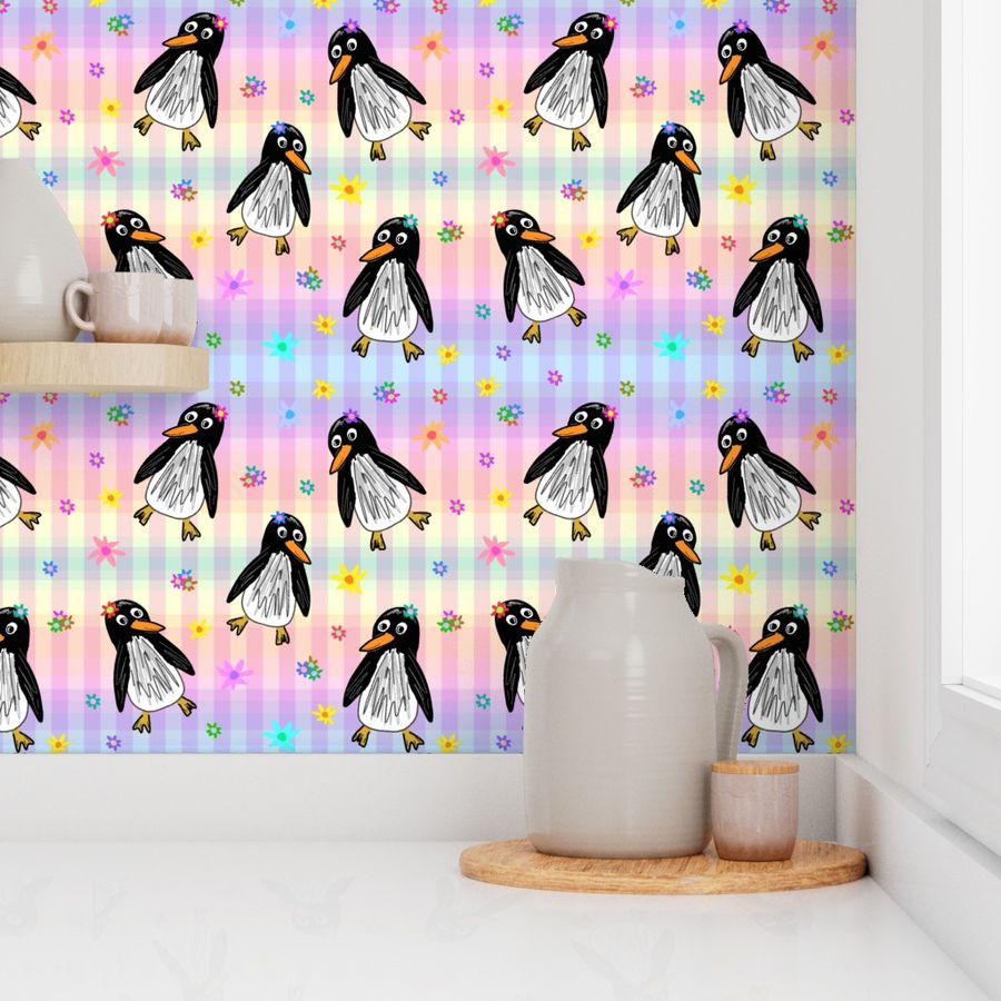 Penguins in Paradise (rainbow gingham)