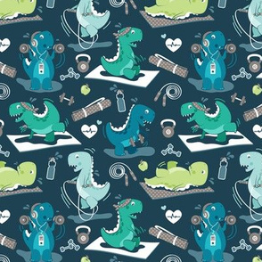 Tiny scale // Fitness exercises for a dino // dark blue background aqua teal and green t-rex dinosaurs